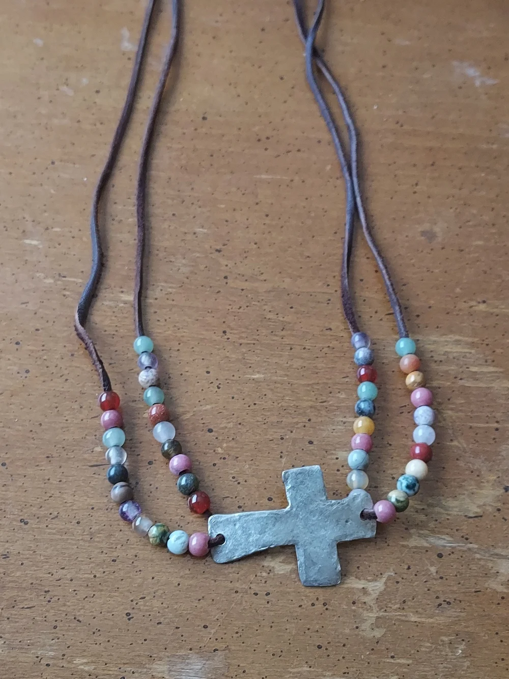 Handmade Multicolor Beaded Cross Necklace On Leather Cord